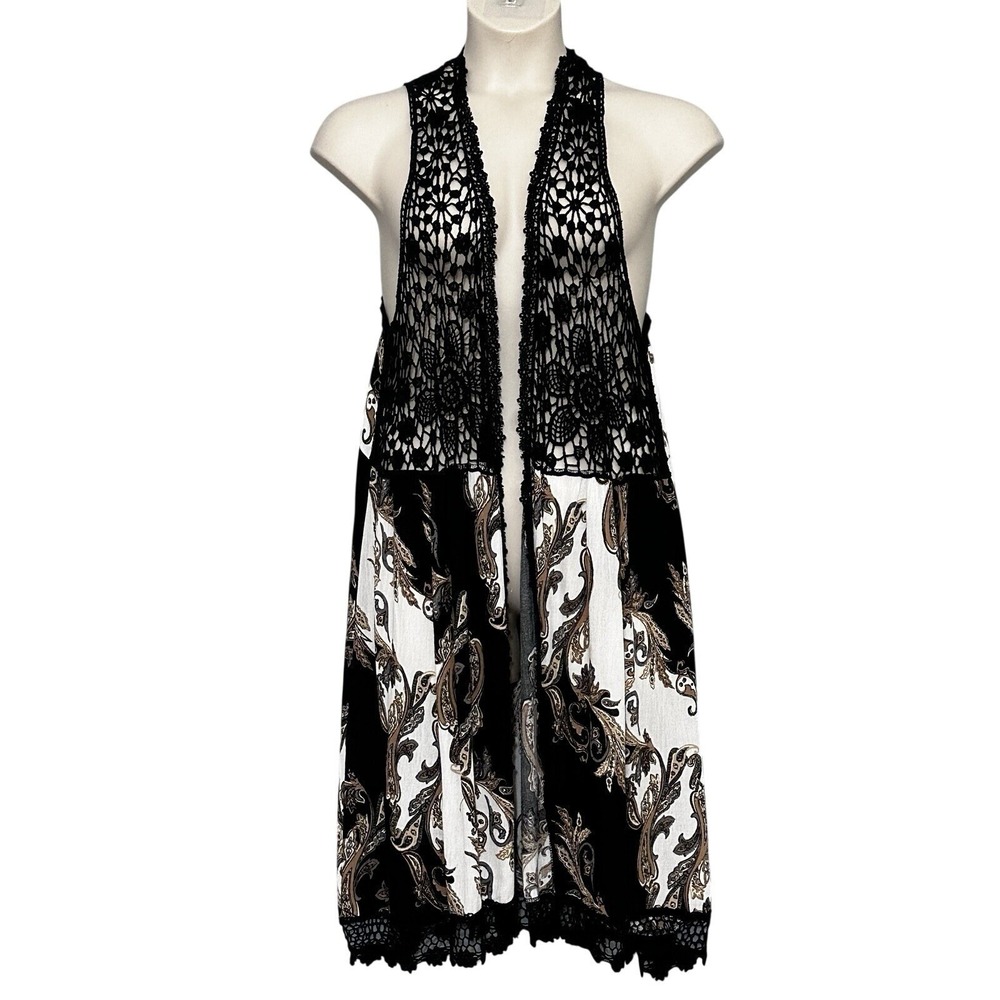 VTG Boho Festival Womens Top Plus 16W Black Mixed Crochet Lace Duster Gypsy